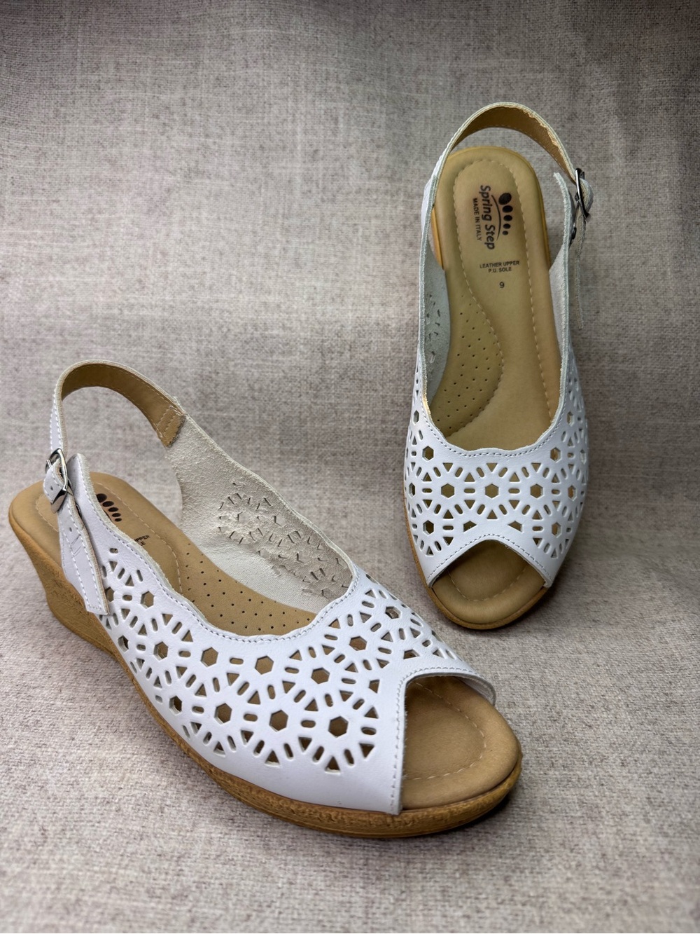 Spring Step Wedge Slingback Sandals white leather sz 9 peep toe design laser cut